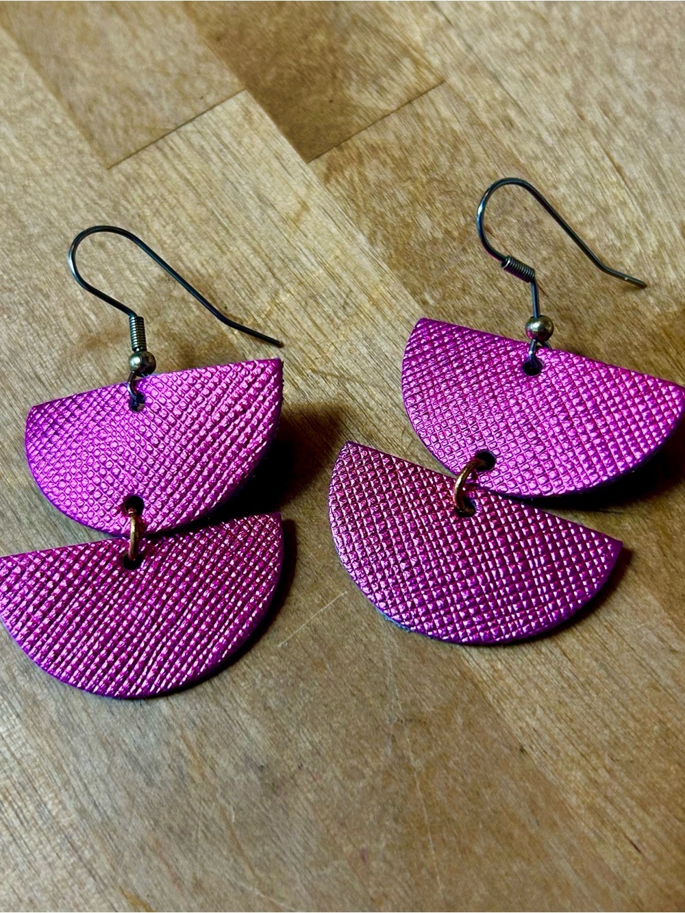 Flourish leather Fuchsia Double Half-Moon Dangle Earrings